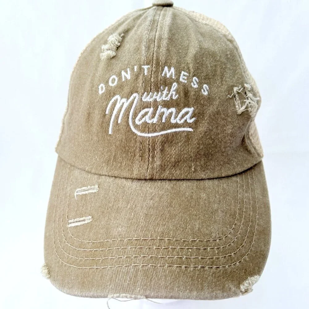 Don' Mess‎ With Mama Tan Strapback Criss Cross Ponytail Baseball Cap Hat
